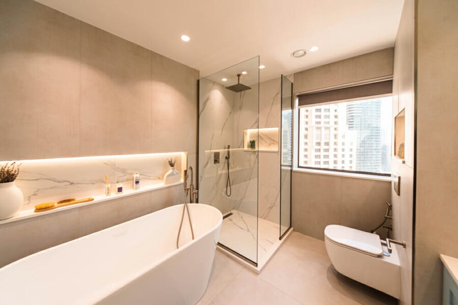 Smart Renovation Design & Fit-Out Company in Dubai presents beautiful JBR Rimal Apartment bathroom renovation.